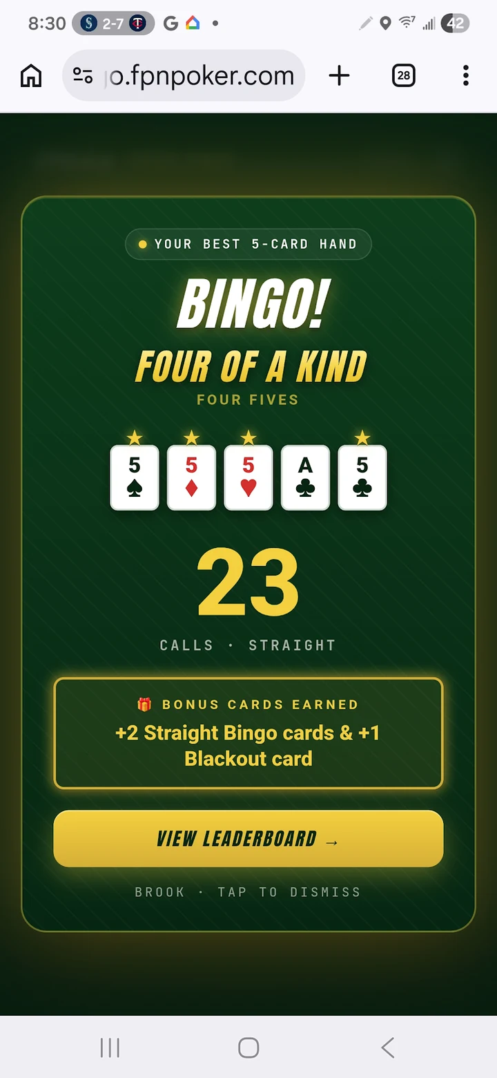 Poker Bingo win screen — Bingo! Four of a Kind in 23 calls
