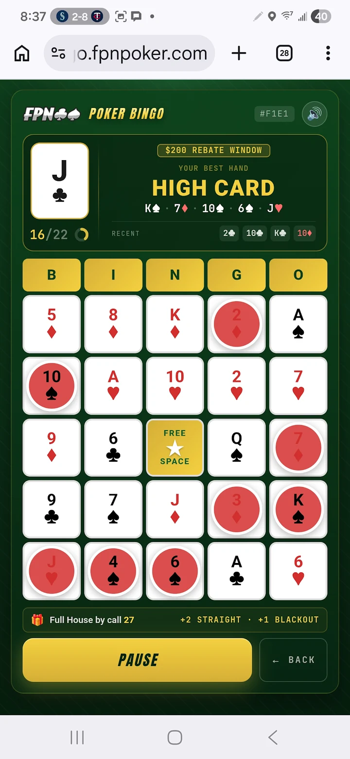 Poker Bingo game screen — daubing a 5x5 grid of playing cards